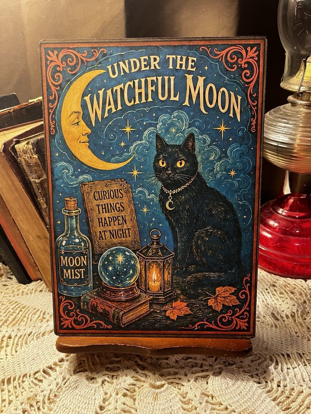 Halloween, Black Cat, Watchful Moon, Retro Handcrafted Plaque